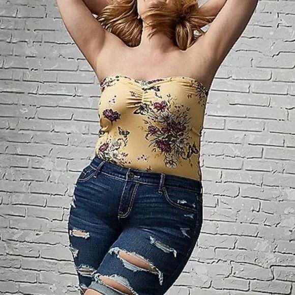 NWT Torrid Yellow & Butterfly Floral Sweetheart Foxy Tube Top Size 4 or 26 Plus - Picture 3 of 4